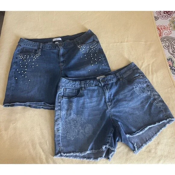 Lane Bryant Denim Shorts Size 20 2 Pair Bundle Pearl Floral Blue - Picture 1 of 10